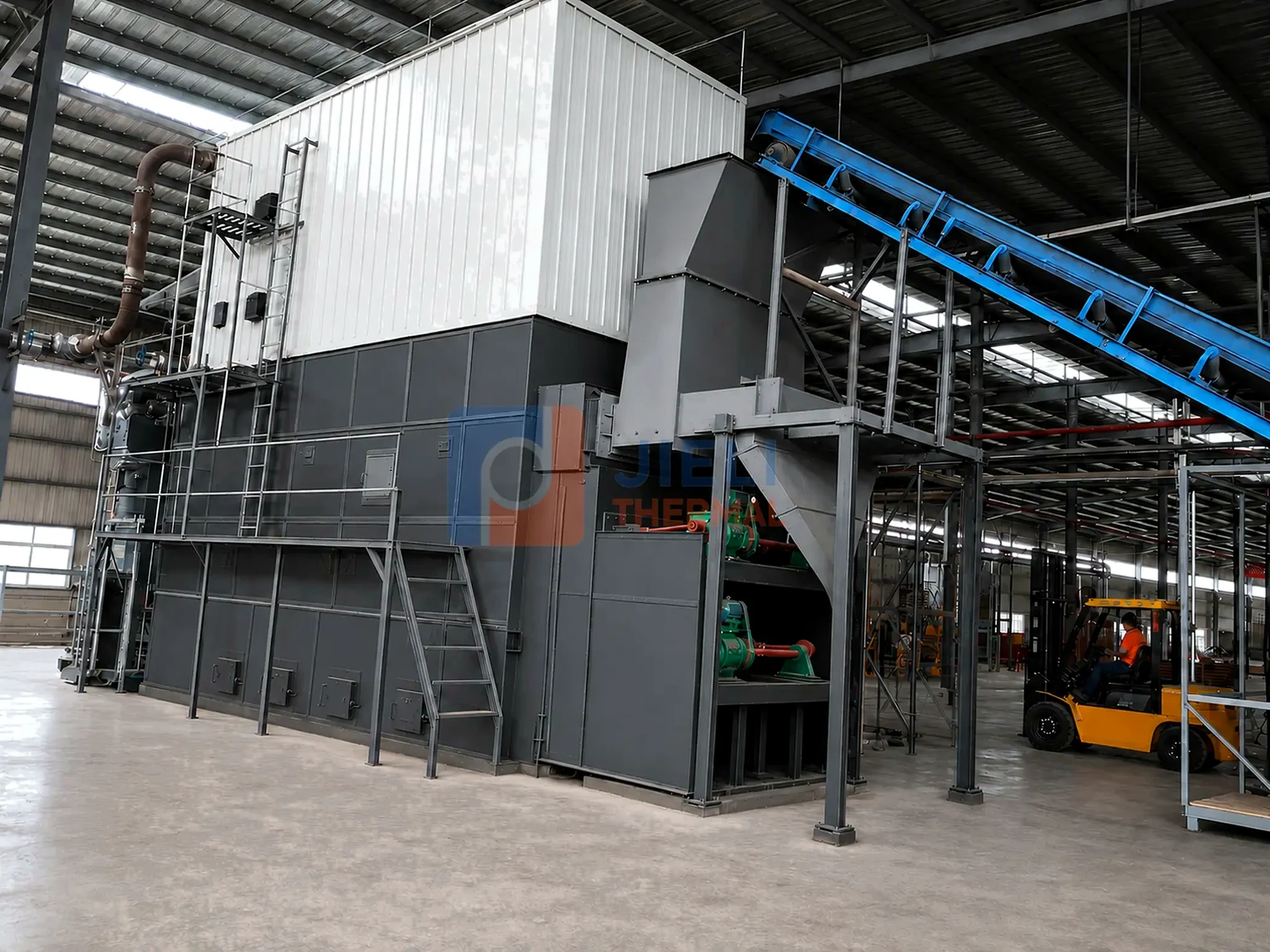 Complete biomass-fired thermal oil heater with fuel feeding and air pollution control equipment