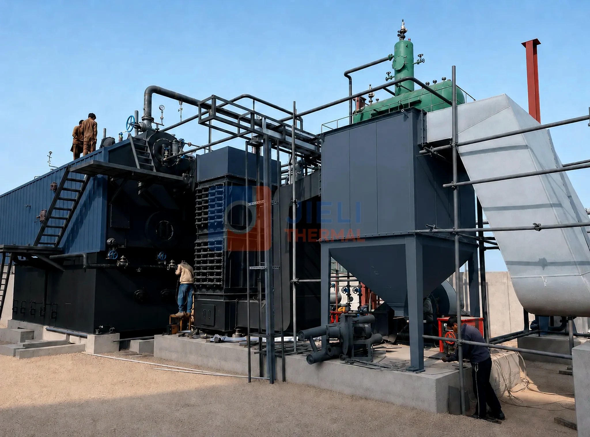 Coal-fired steam boiler — complete industrial installation with draft and dust-control equipment