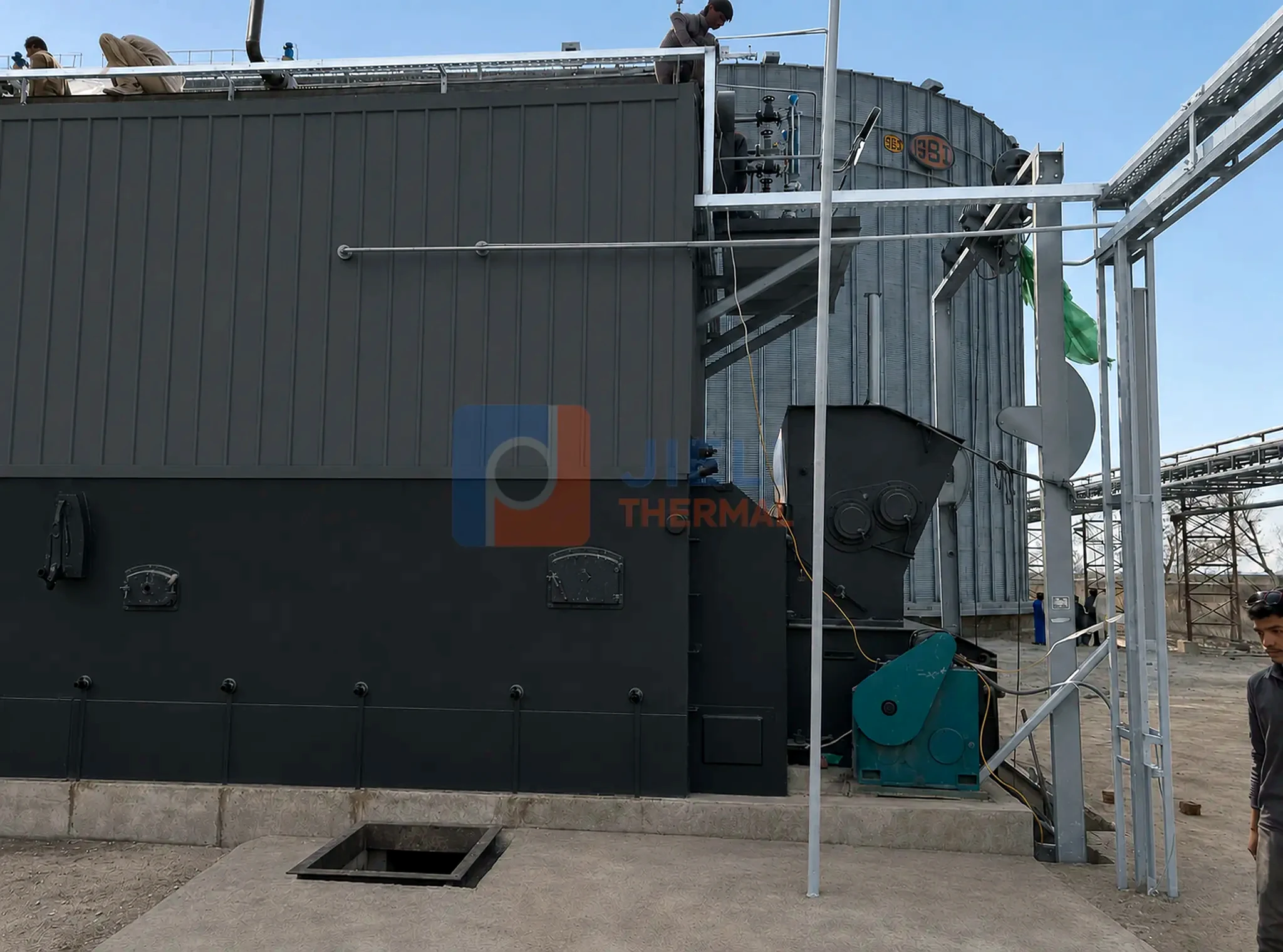 Coal-fired steam boiler — installed side view with process piping