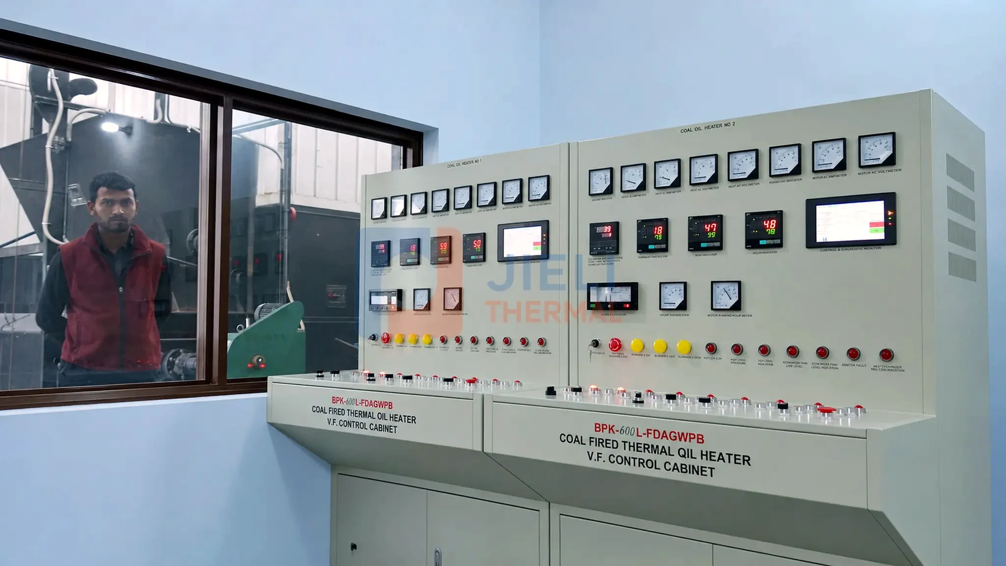 Coal-fired thermal oil heater — central control cabinets and operator instrumentation