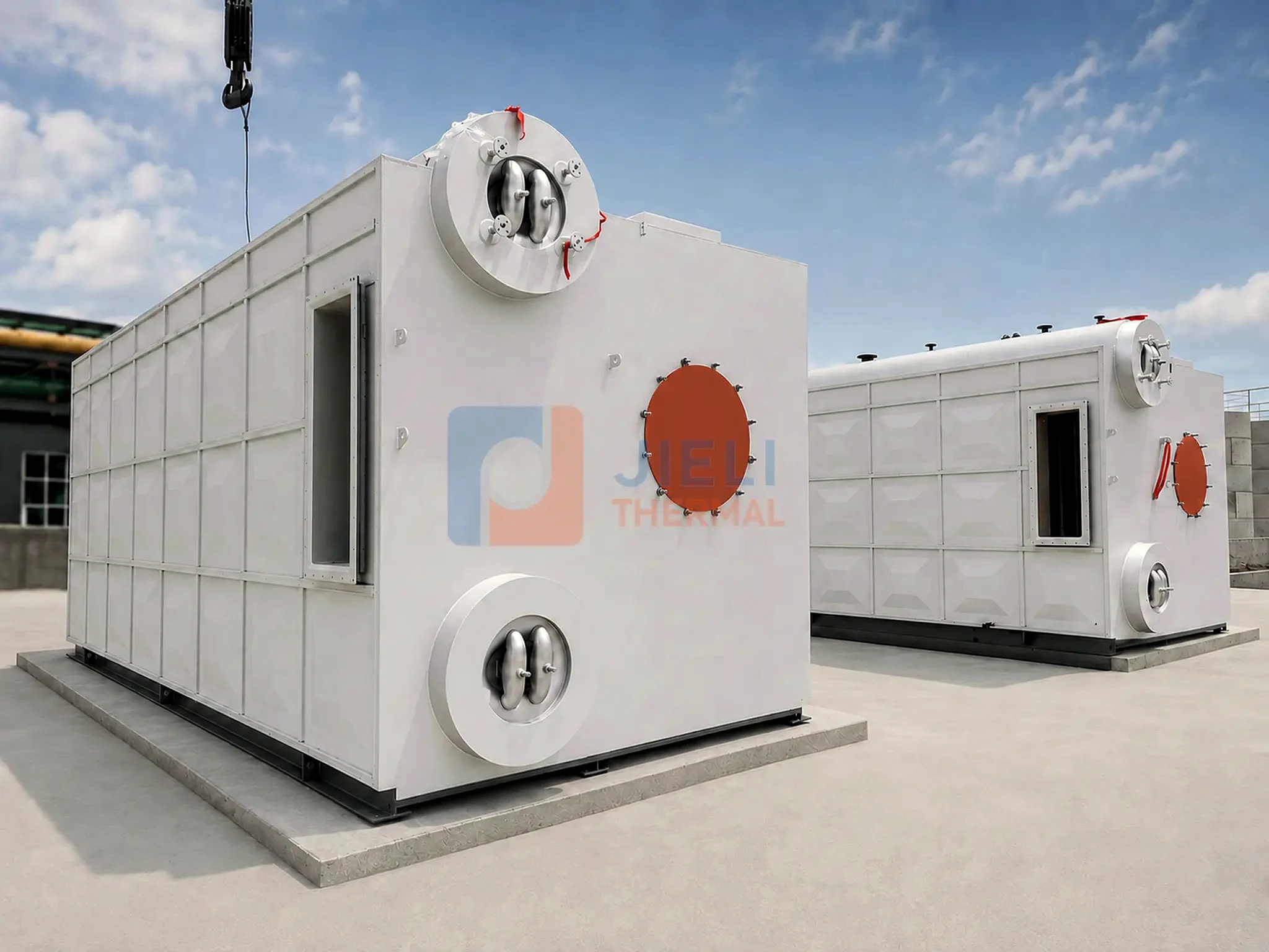 Twin SZS steam boiler modules installed side by side outdoors