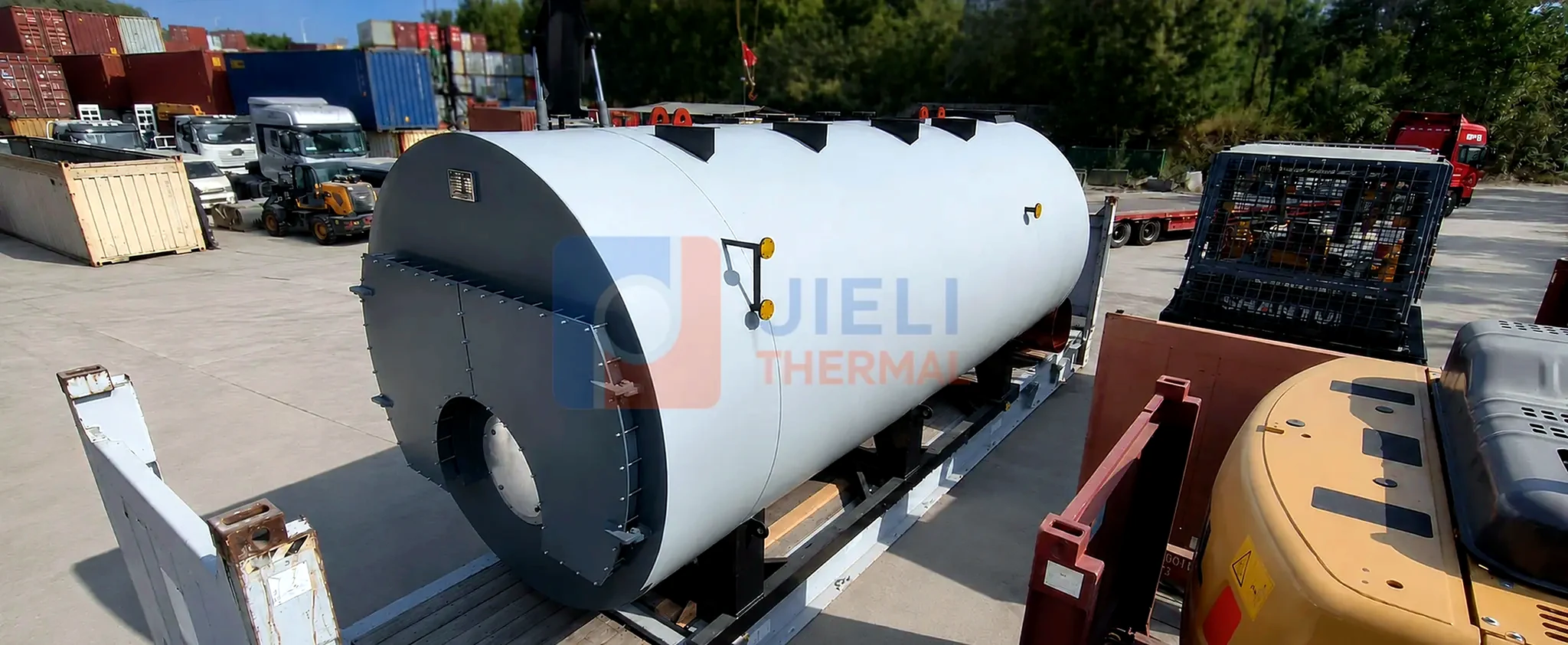 Overhead view of a gas / oil-fired steam boiler shell in transit