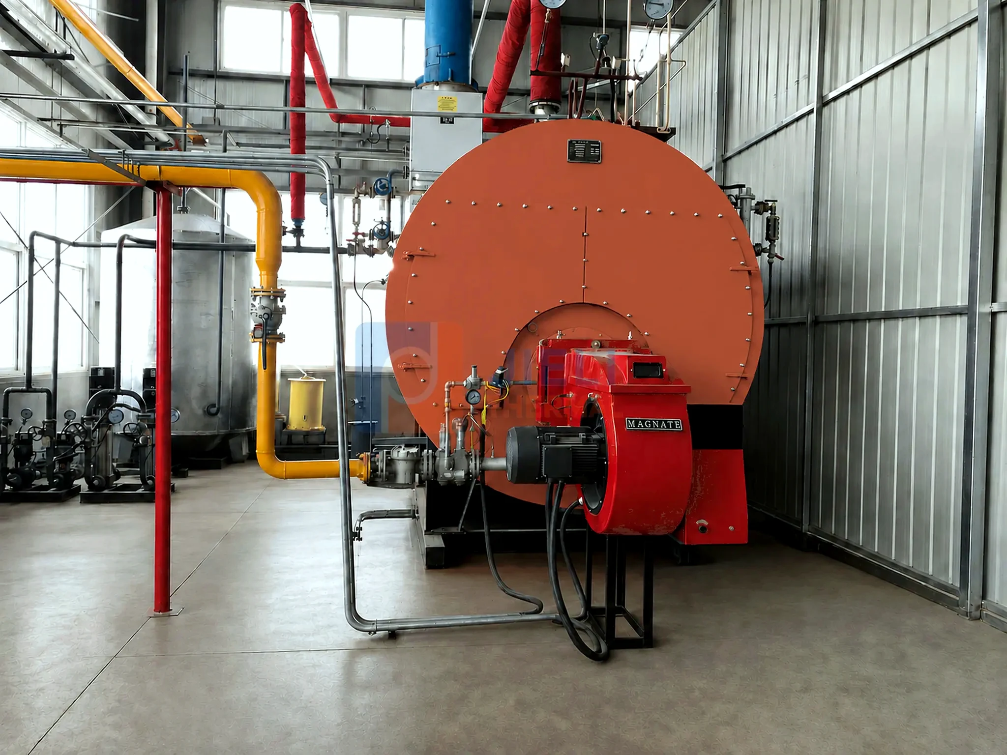 Gas / oil-fired steam boiler — burner and gas-train installation in the boiler room