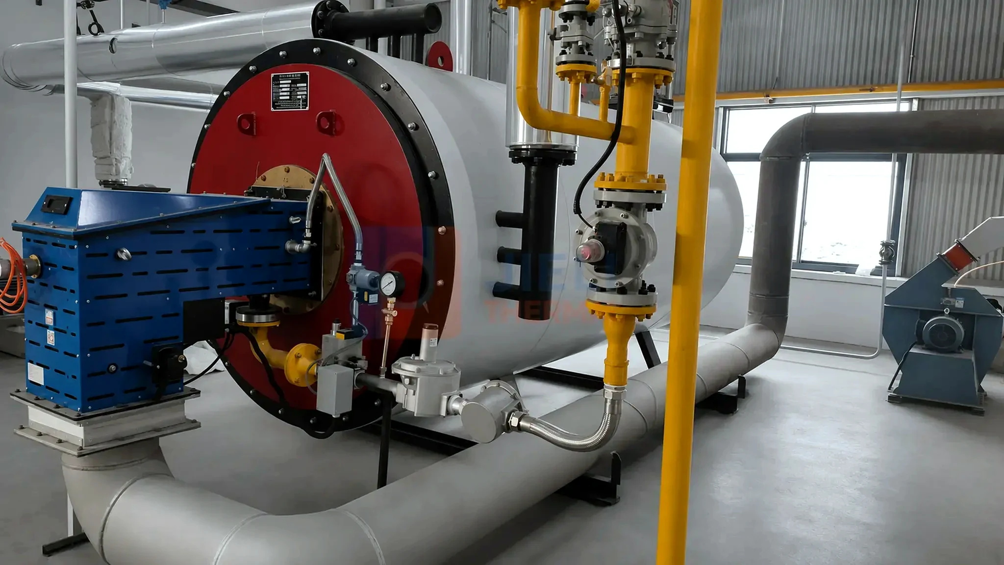 Gas / oil-fired thermal oil heater — front view showing burner, gas train and instruments