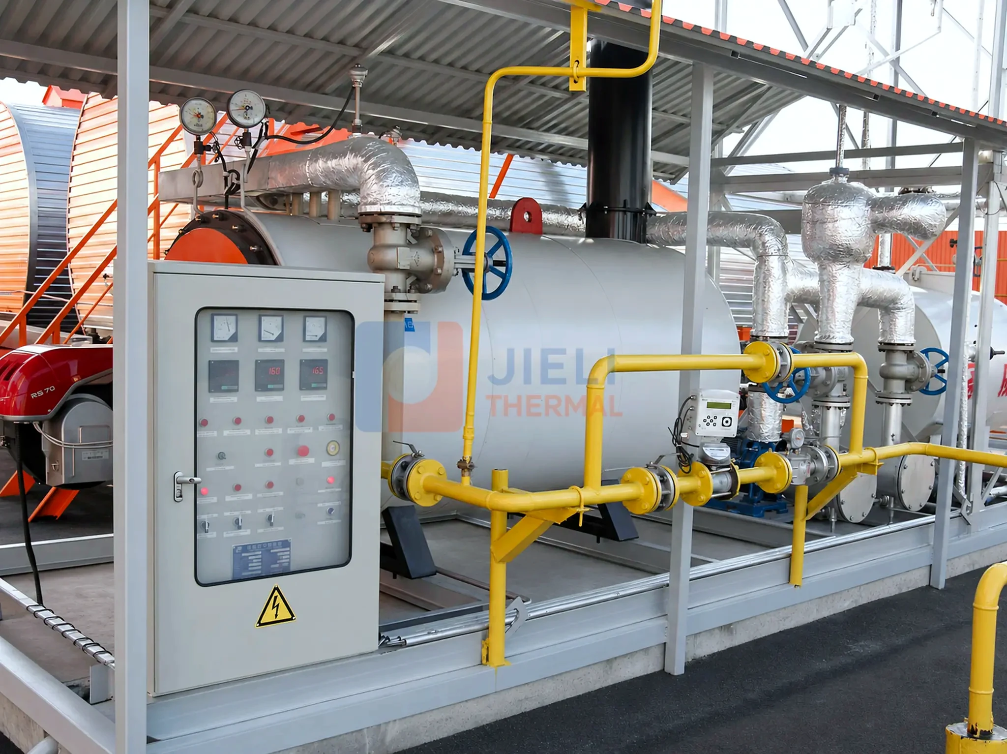 Gas fired thermal oil heater skid with circulation piping and auxiliary equipment