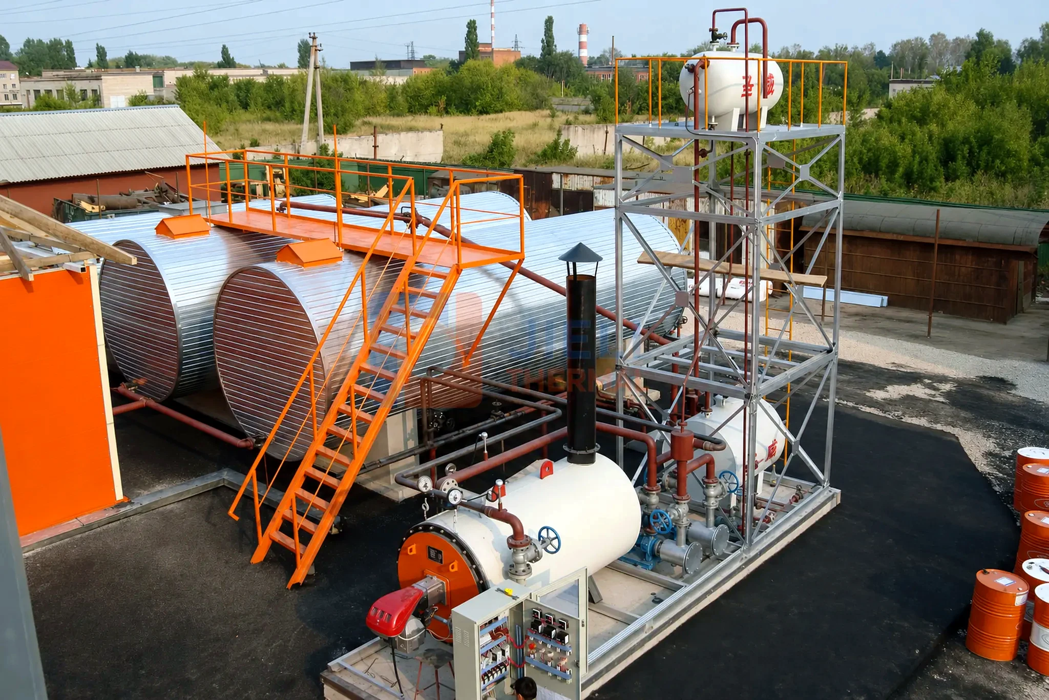 Installed thermal oil heating system with piping, circulation and fluid handling equipment