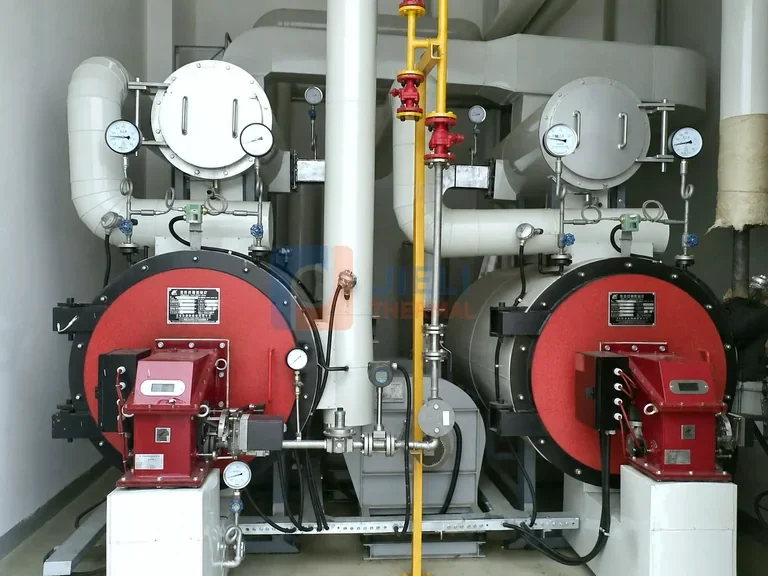 Gas-fired thermal oil heater installation with system piping