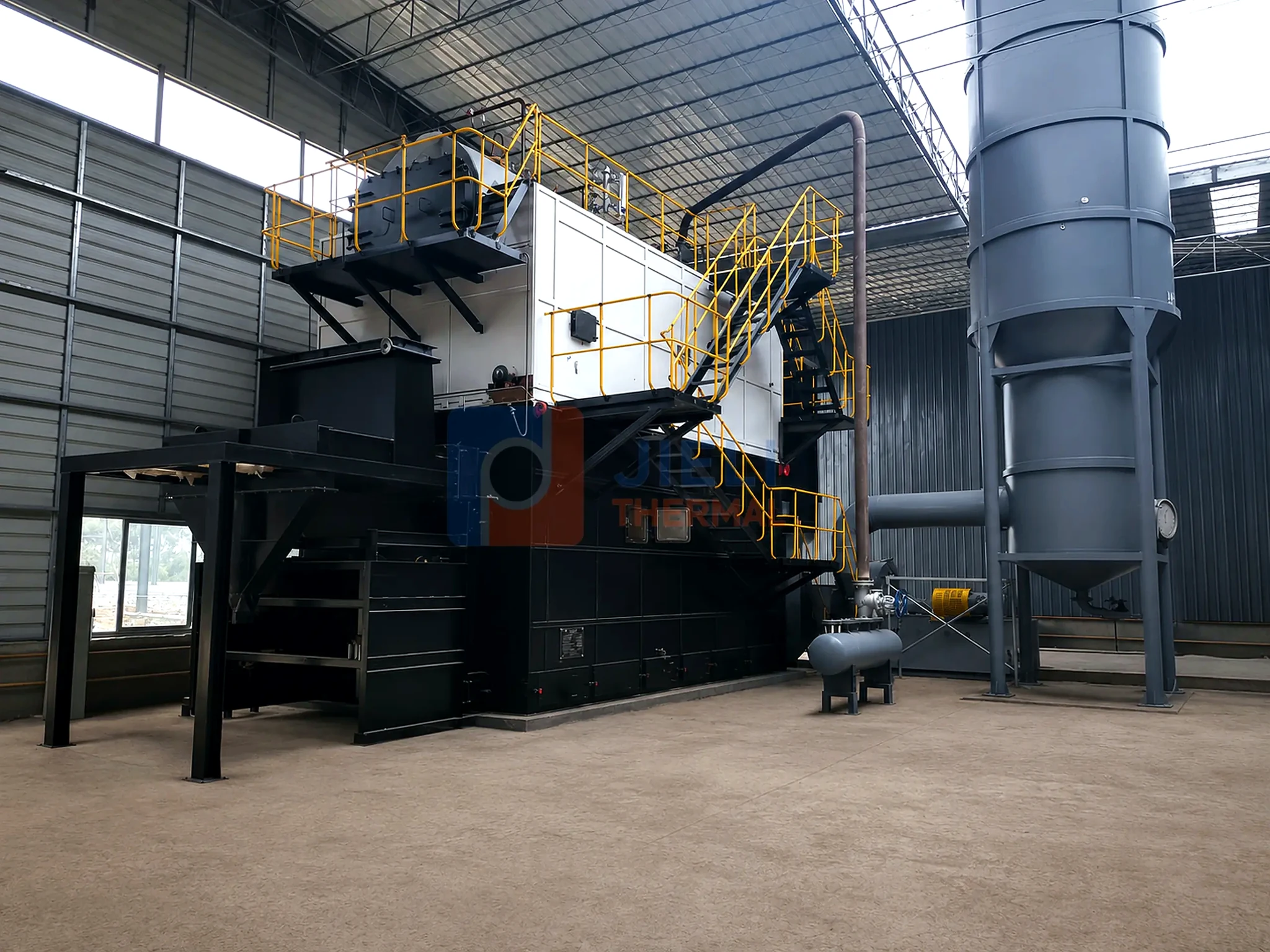 Complete biomass steam boiler system with combustion and draft auxiliaries