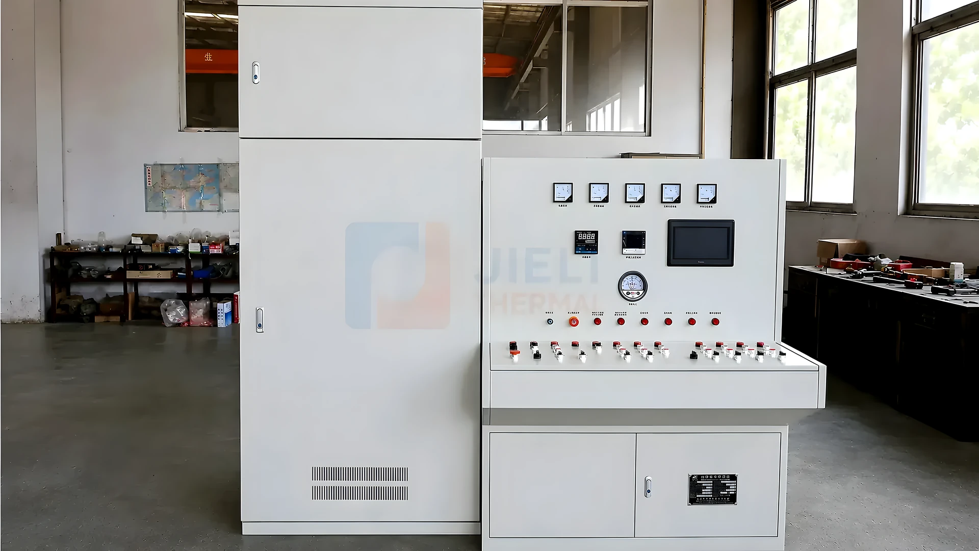 Automatic industrial boiler control cabinet with instruments and safety interlocks