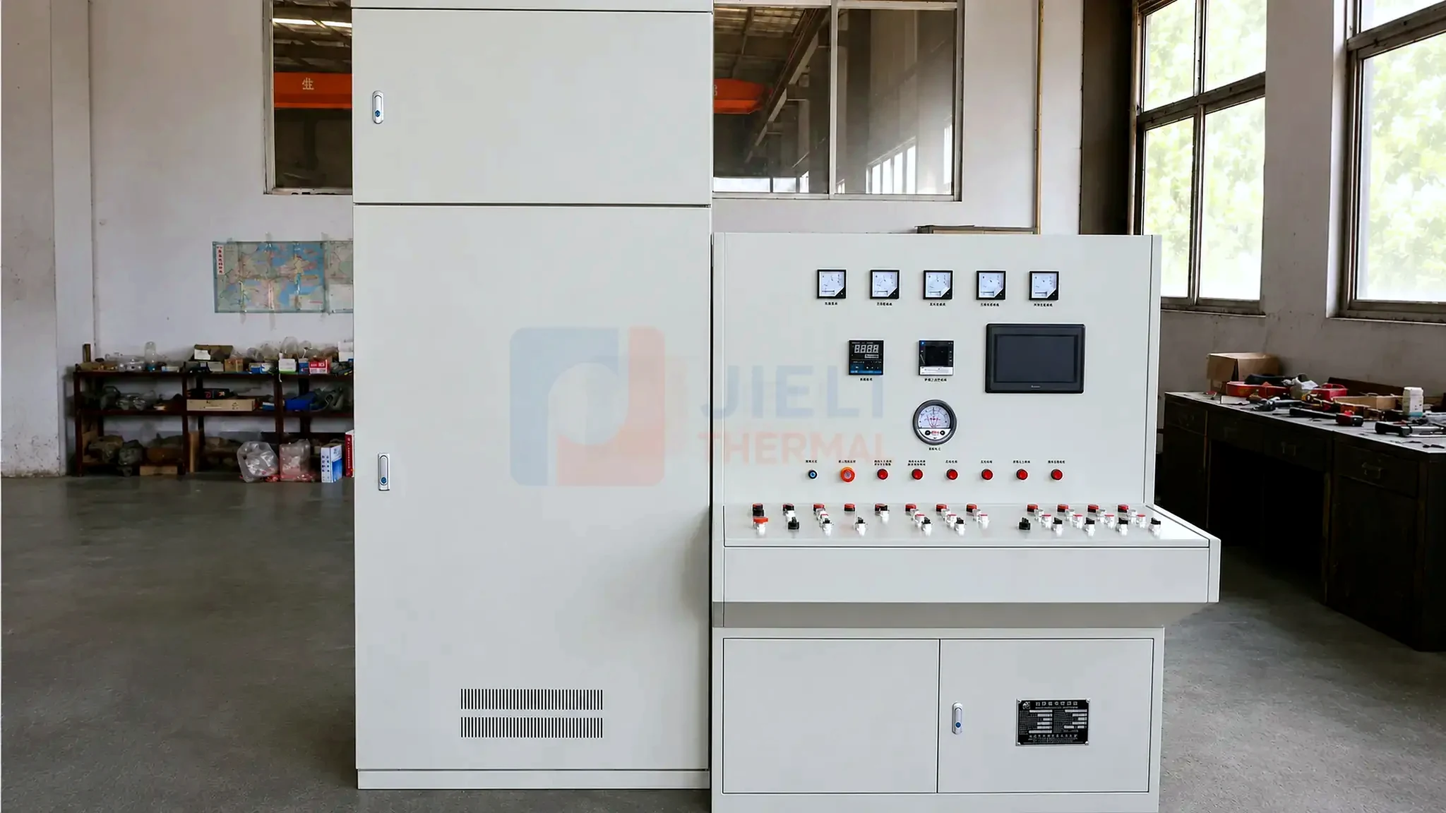 Automatic boiler control cabinet with industrial instruments in the workshop