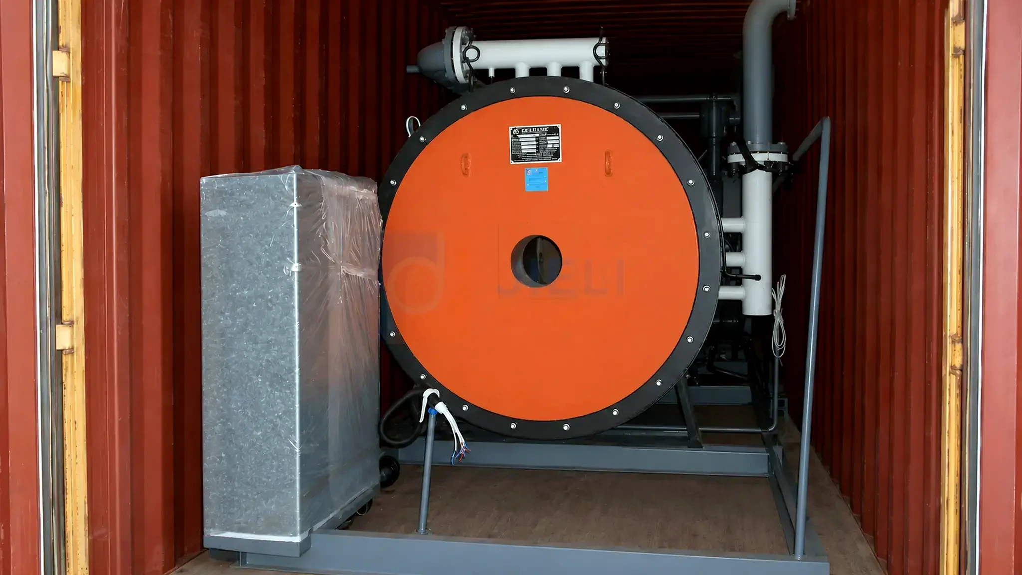 Gas-fired thermal oil heater secured inside an export container