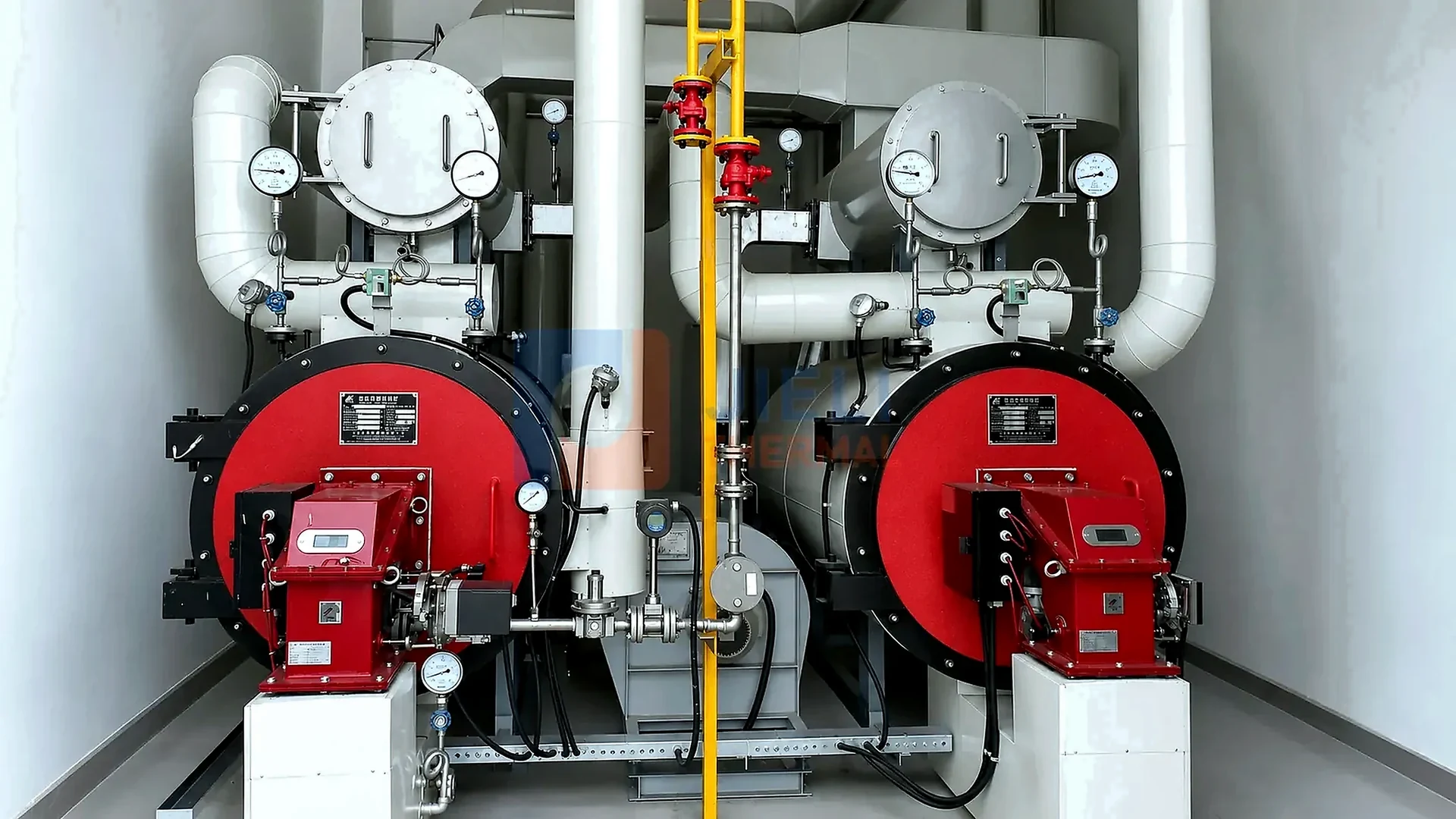 Large gas-fired thermal oil heater units in an industrial boiler workshop