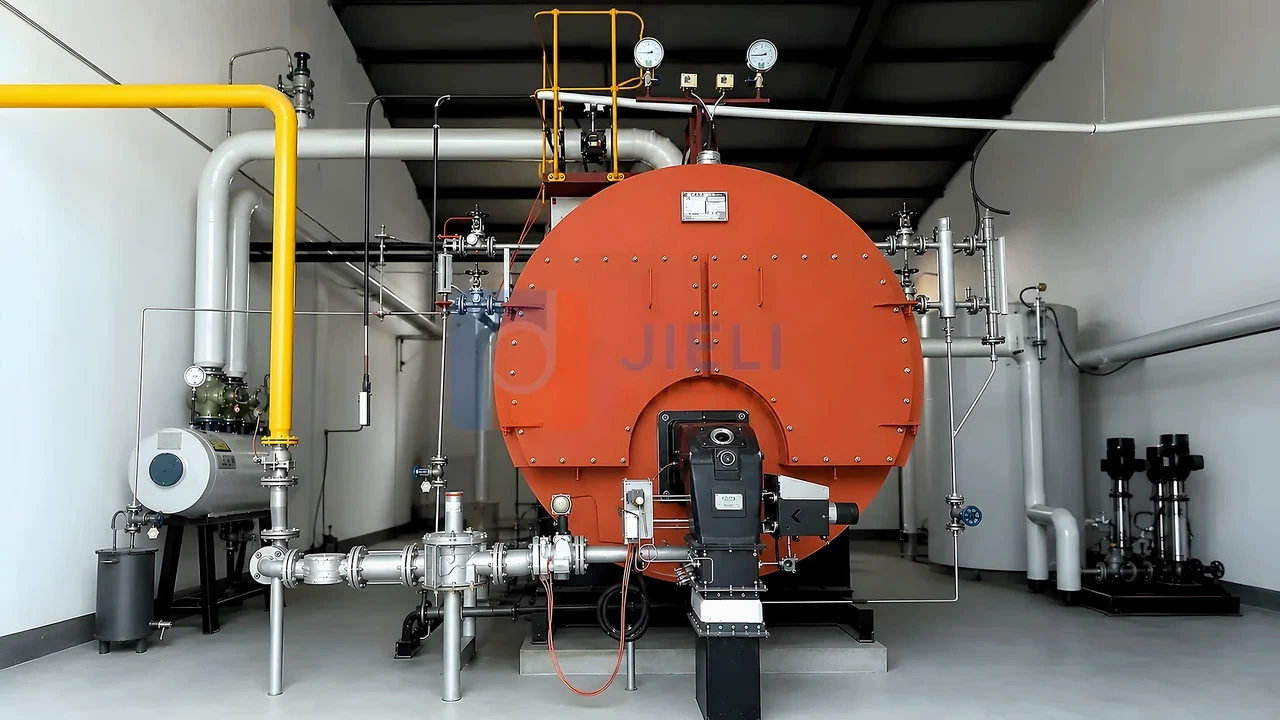 WNS wet-back gas-fired steam boiler with burner in an industrial workshop