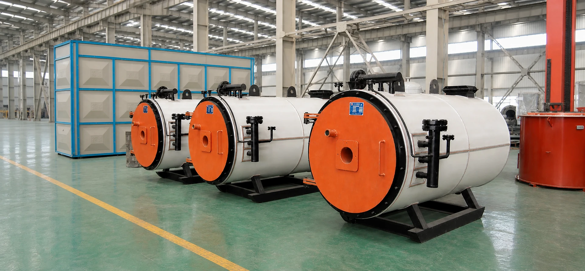 Three JIELI industrial boilers centered in a bright spacious manufacturing workshop