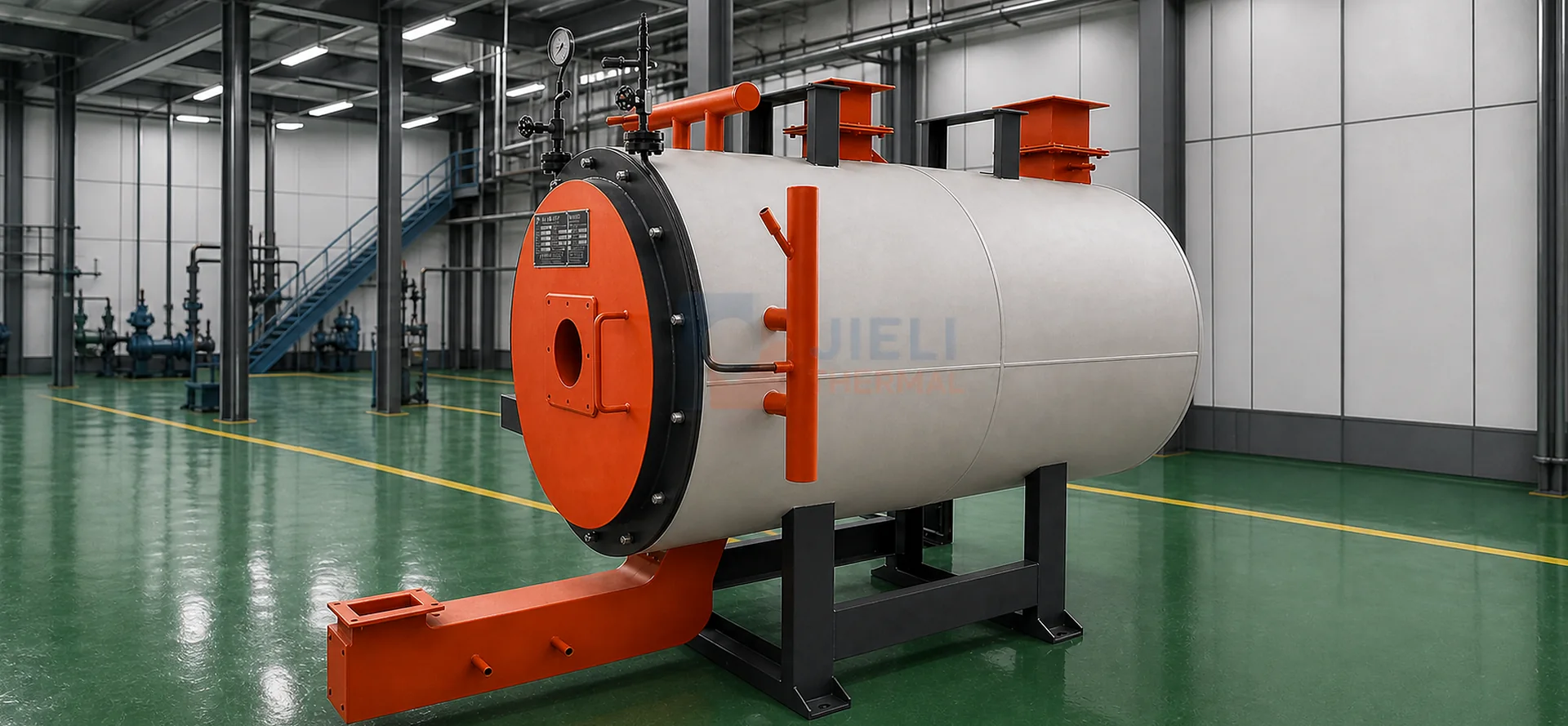chaudière à huile thermique à gaz de 1.000.000 kcal/h pour les États-Unis dans une salle de chaudières moderne avec sol vert