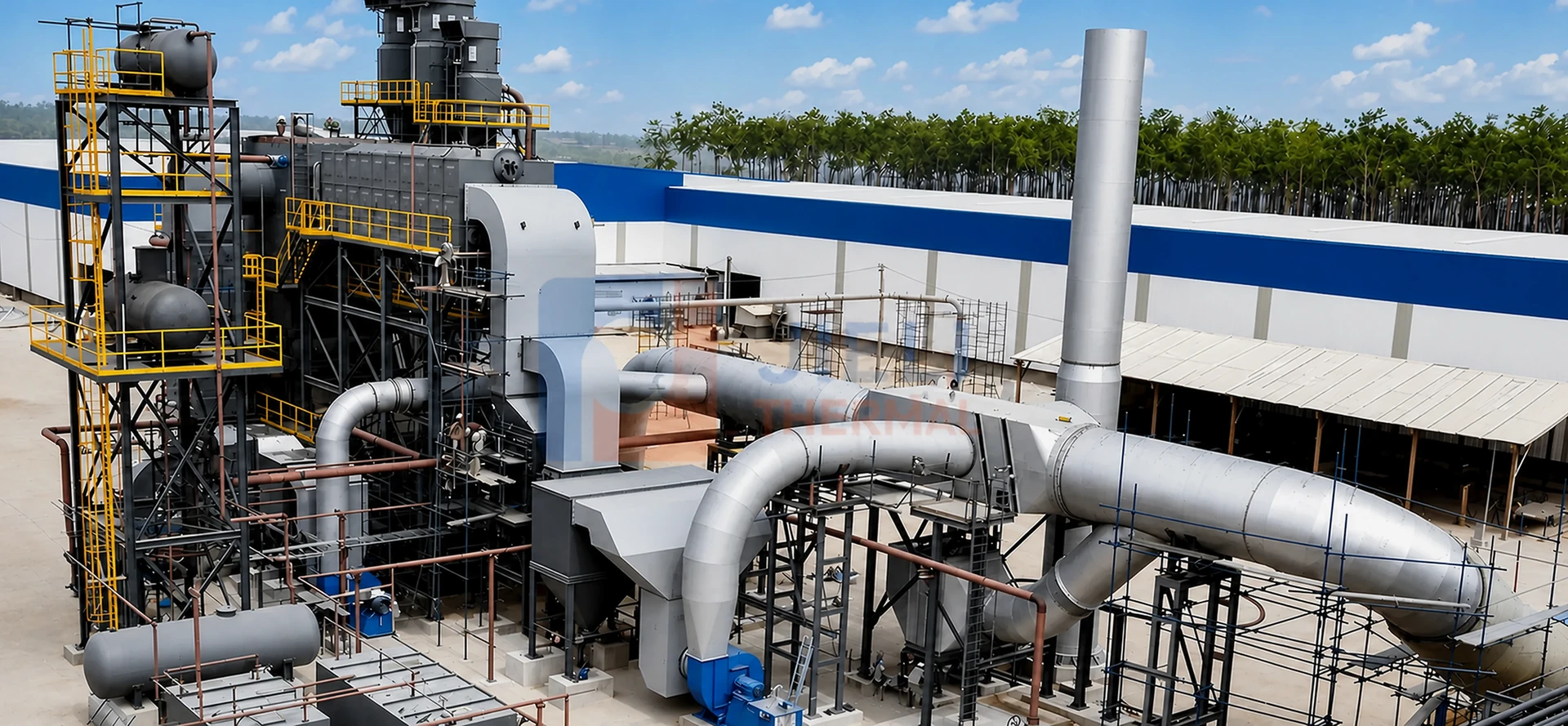 Rekayasa sistem boiler lengkap dengan ruang bakar, saluran, kipas, dan cerobong