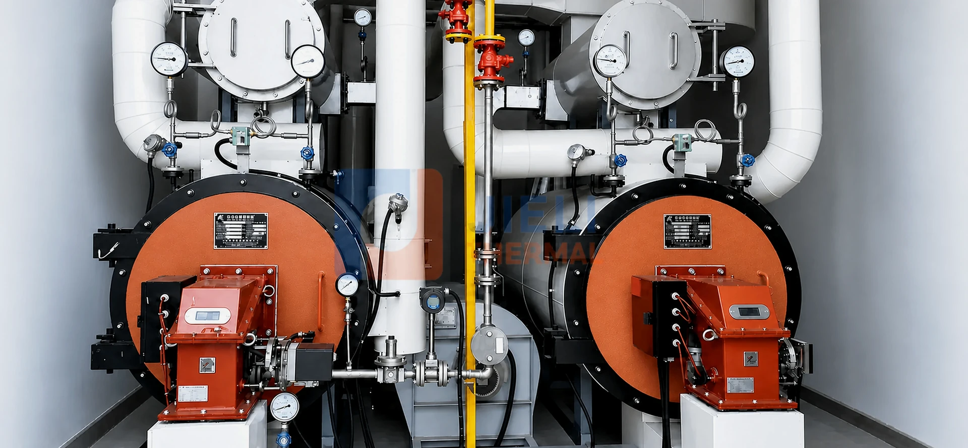 Dua thermal oil heater berbahan bakar gas dengan pembakar dan instrumentasi industri