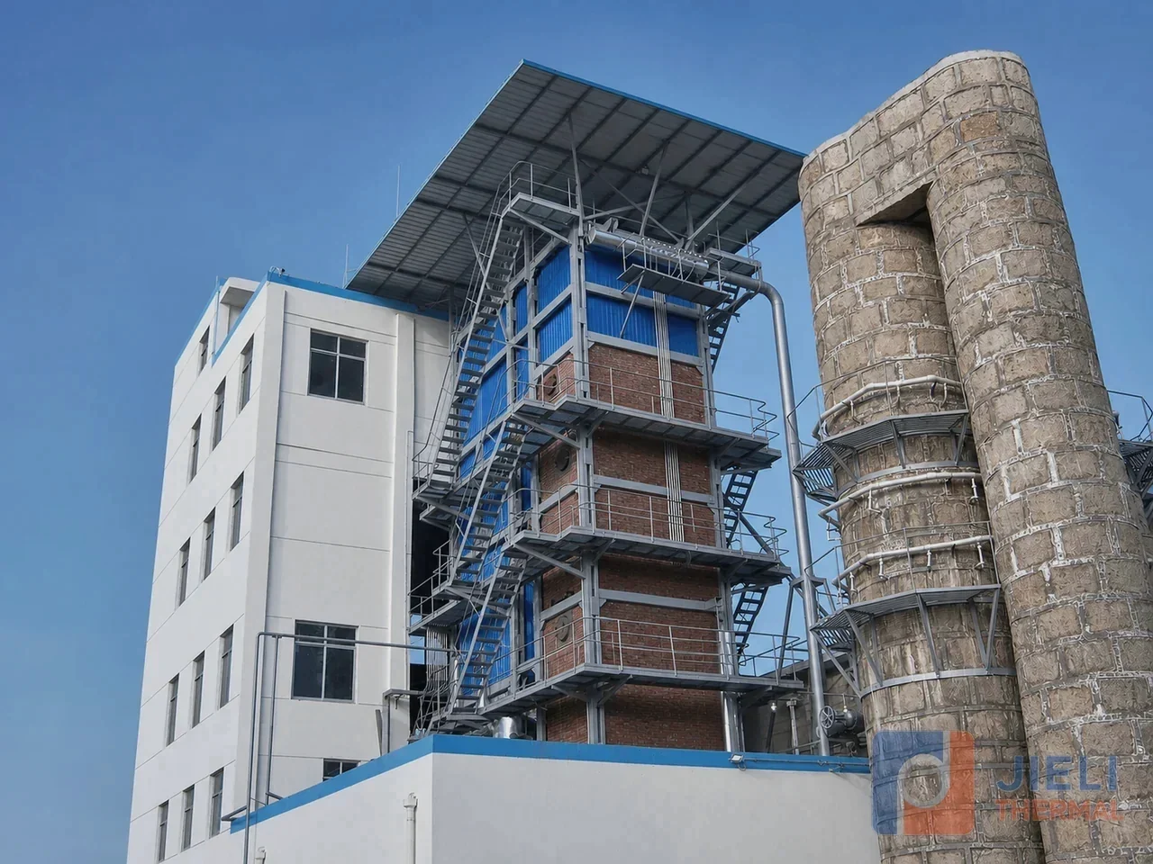 Completed circulating fluidized-bed thermal oil heater with platforms and masonry flue structures