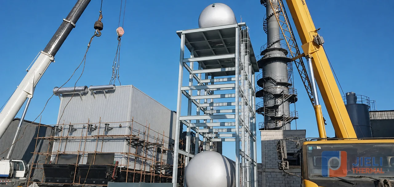 Ethiopia 25 million kcal biomass thermal oil heater installation with cranes, scaffolding and system structure