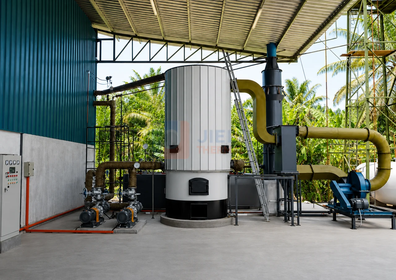 Malaysia 800,000 kcal thermal oil heater installation with circulation pumps, ducting, fan and control cabinet