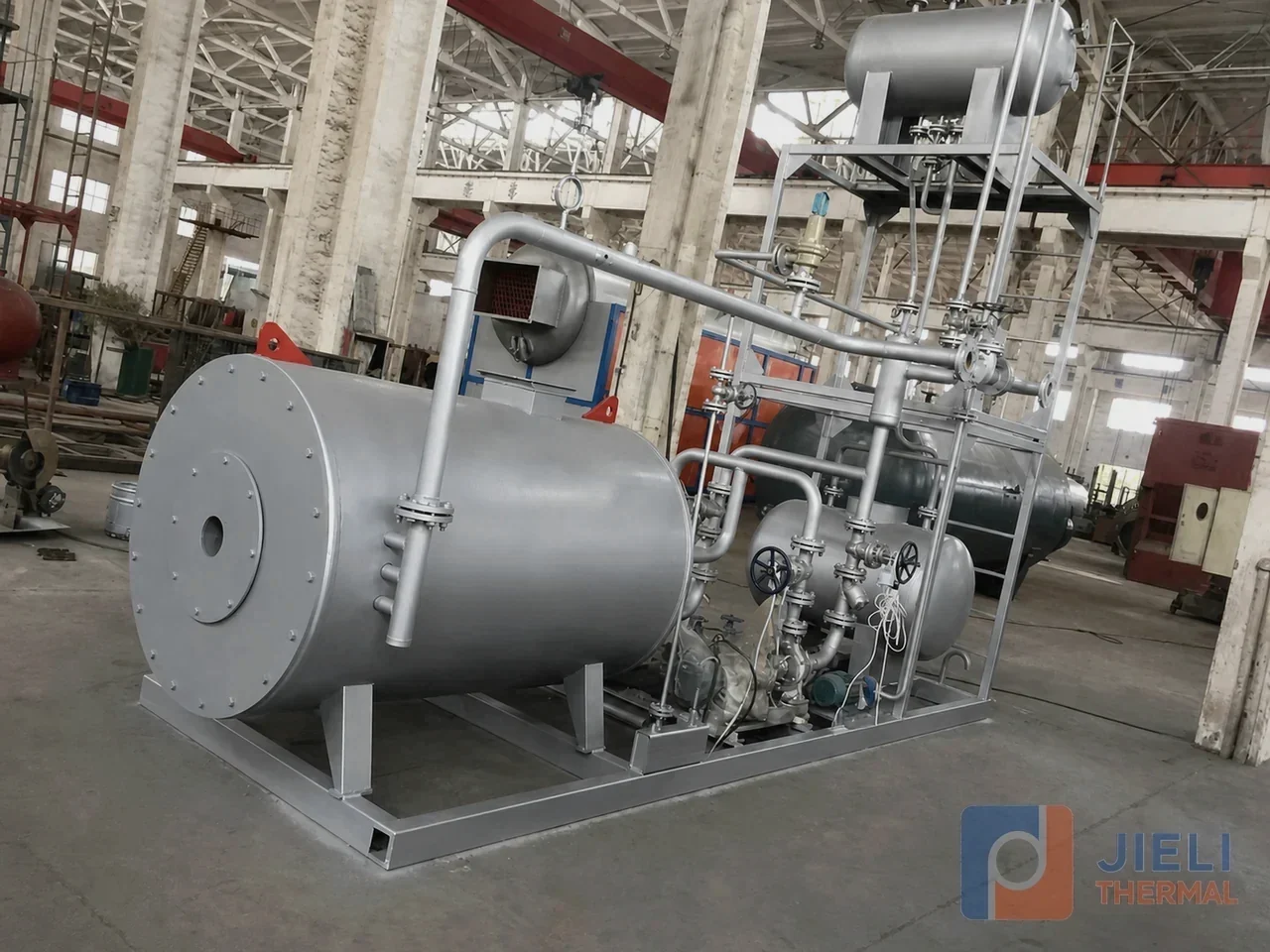 Poland 600,000 kcal skid-mounted gas thermal oil heater with burner, tank, pumps and valves