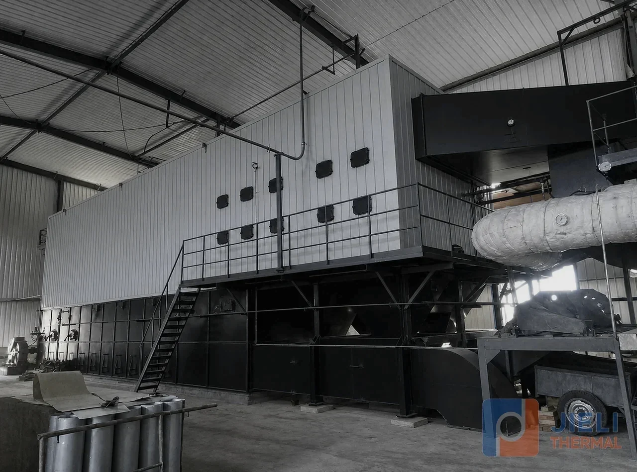 South Africa 25 million kcal coal-fired thermal oil heater with light-gray cladding and service platforms