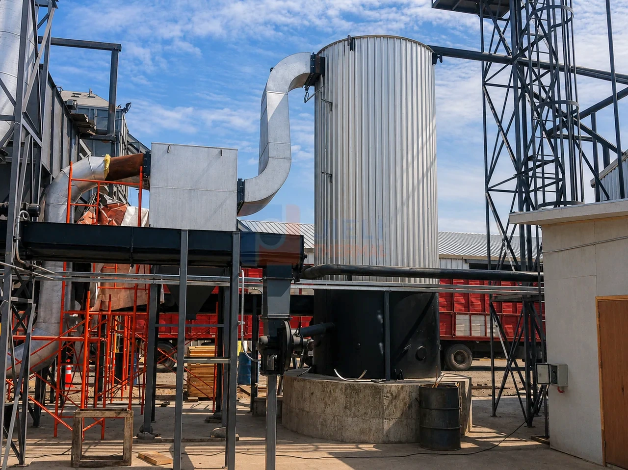 South America 1,600,000 kcal biomass thermal oil heater installation with vertical heater and flue ducting