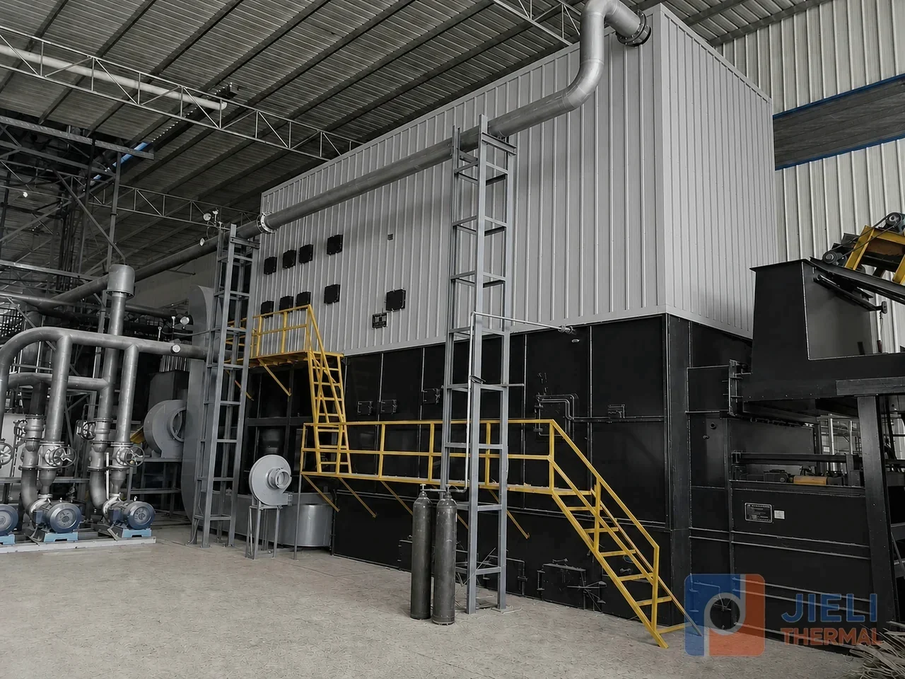 Thailand 8 million kcal biomass thermal oil heater with fuel handling, stairs and process piping