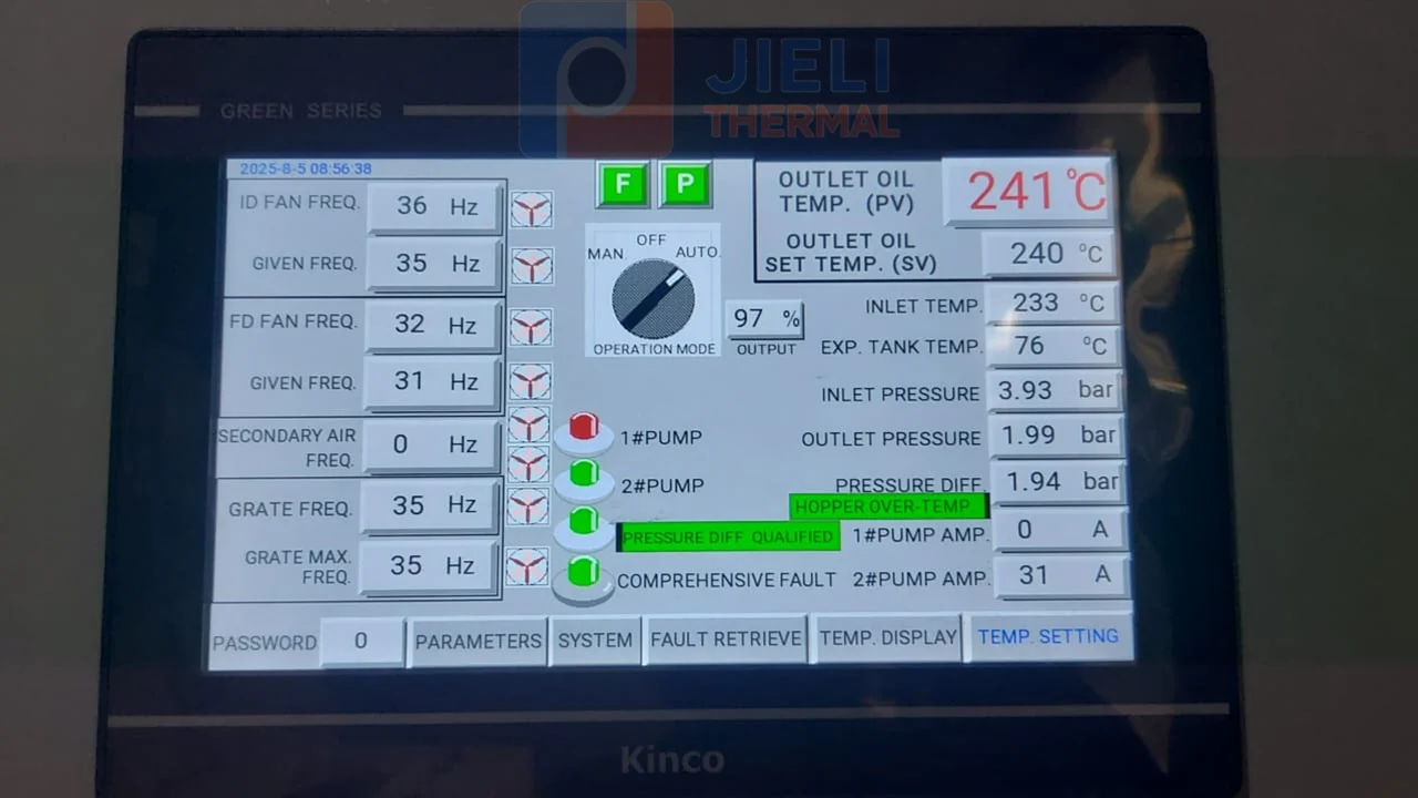 Original Indonesia thermal oil heater control-screen photograph showing 241 degrees Celsius outlet and 233 degrees Celsius inlet temperature