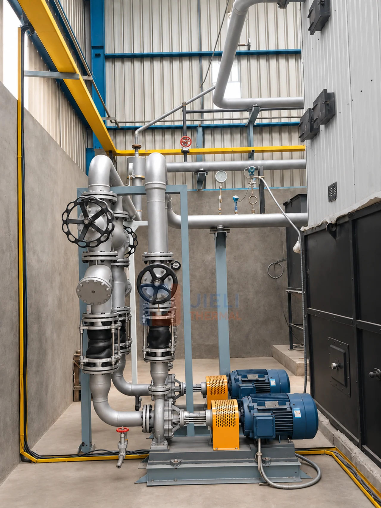 Twin thermal oil circulation pumps, valves and connected piping at the Indonesia project