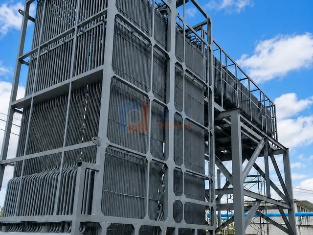 Industrial boiler pressure-part tube bank with medium-gray matte coating prepared for project installation