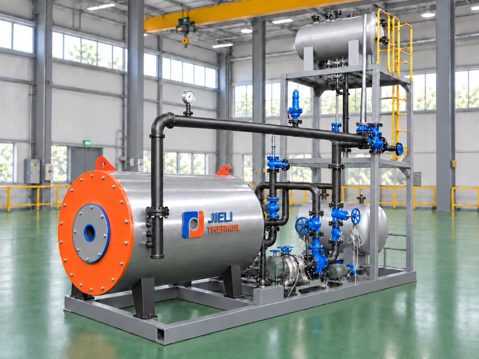 Skid-mounted thermal oil heater with circulation piping and pumps