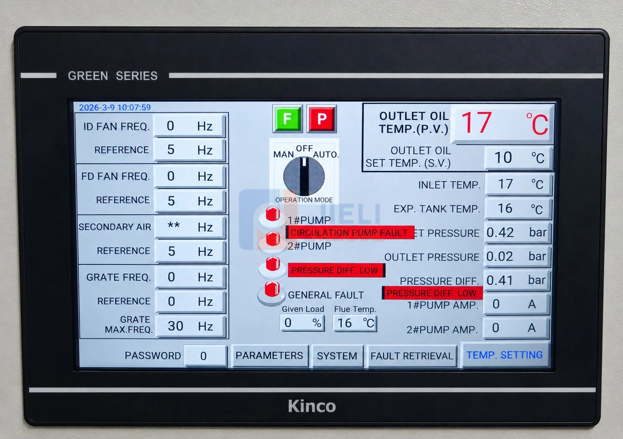 YLW250 2800 kW biomass thermal oil heater for Surabaya, Indonesia — control-panel reference — alarms visible