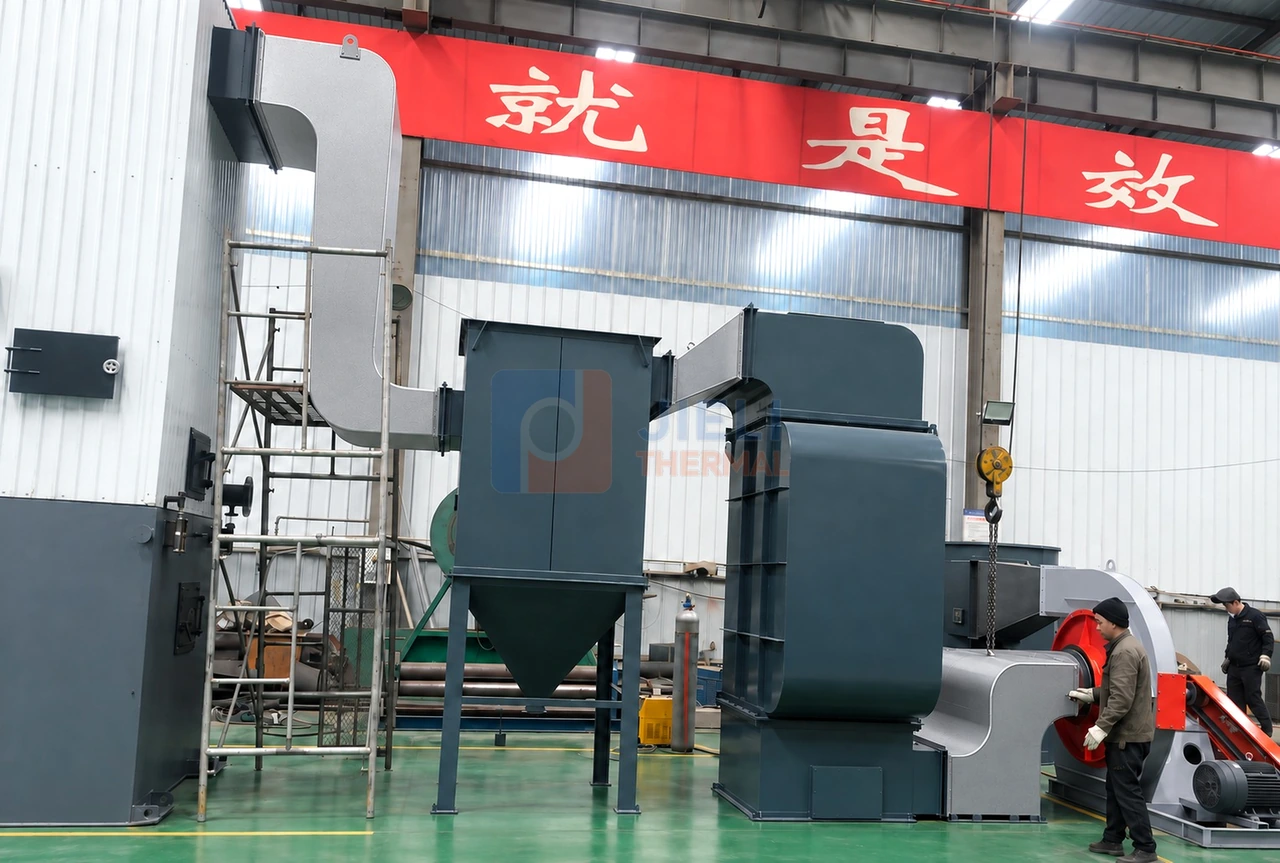 YLW250 2800 kW biomass thermal oil heater for Surabaya, Indonesia — flue-gas auxiliaries and fan arrangement